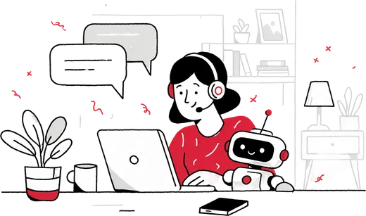 Illustration: support agent with a headset and a friendly robot