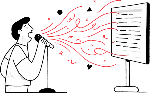 Illustration: person speaking into a microphone with sound waves becoming text